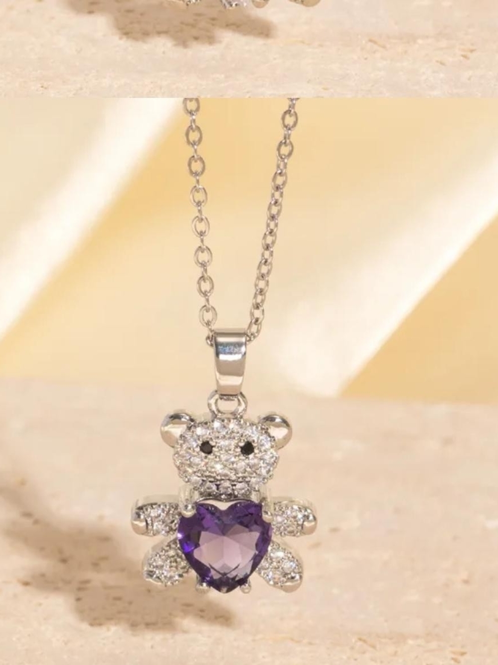 Silver-Tone Teddy Bear Pendant Necklace with Purple Heart Gem